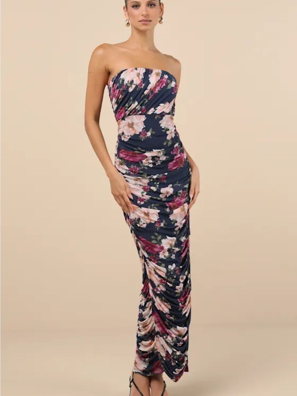 Lulus Averie Navy Floral Mesh Strapless Maxi Dress Wedding Guest Size XS